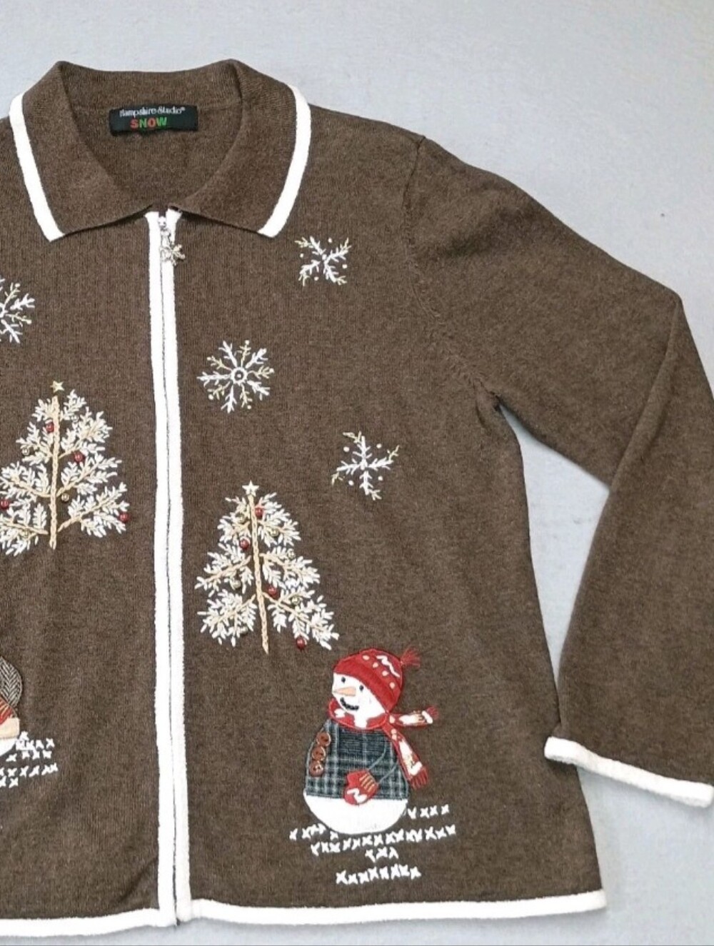 Hampshire Studio  Snowman Brown Zip Up Cardigan Large  Holiday